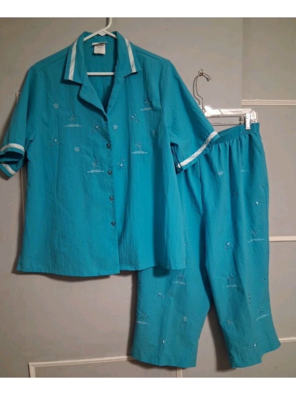 VTG Women’s Bon Worth 2 Pc Capri M Blue Seashells Palm Trees Grannycore